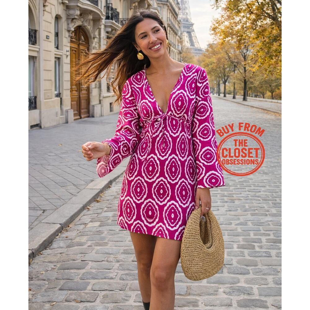 ZARA Fuchsia Printed V Neck Mini Dress NWT